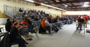 Spectators fill the stands for the auction at the Midwest Motor Sports Racers’ Expo on Saturday. The event was held at the former Shopko property in Reedsburg. (Photos by Heather Stanek)