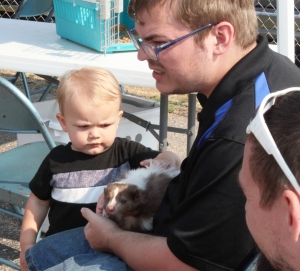 A child pets a de-scented skunk during the Fly-In, Drive-In Pancake Breakfast on Sunday morning. The handler answered questions and allowed people to greet the animal, which sniffed and looked eagerly for attention.