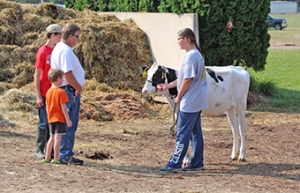 People talk to an exhibitor at the Fair.