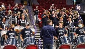 Director Scott Bruer, foreground, and the RAHS Band did their part supporting the Beavers at the WIAA State Girls Volleyball Tournament in Green Bay last week. (Photo by Troy Matz)