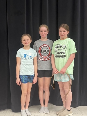 The Bloomer rope jump contest was held on Jan. 25, and St. Peter’s Lutheran School was well represented. Emily Nolden, fifth grade, placed jumped 46 times in the preliminary, qualifying for finals. She went on to jump 47 times in 10 seconds, which earned her second place. Seen here are Emily with other top jumpers. From left are Heather Nolden, third grade; Emily Nolden; and Myla Dolan, fourth grade. (Submitted photo)
