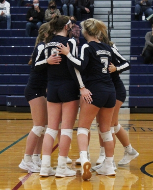 Members of the Reedsburg Beaver volleyball team celebrate a set two win last Thursday night vs. Tomah in WIAA Regional action at RAHS. Reedsburg won its eighth match of the season with a 3-0 win on the home floor. (Photo by Troy Matz)